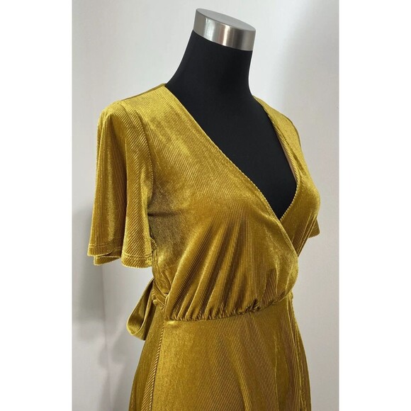 Lovers + Friends Wrap Dress Women's XS Gold Belted Corduroy Ribbed Revolve NEW - Picture 5 of 14